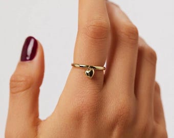 Sterling Silver Dangle Heart Ring, 18K Gold Plated, Minimalist Stacking Ring