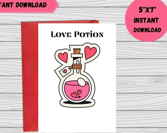 Valentijnsdag Instant downloadbare wenskaart 5 "x 7" rood roze liefdesdrank leeg binnen wetenschap heks afdrukbaar