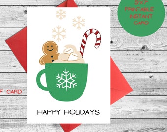 Fijne feestdagen kopje koffie sneeuwvlokken Kerst wenskaart instant download candy cane peperkoek marshmallows