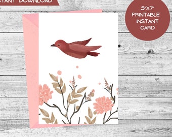 Bloemen en vogel lege digitale wenskaart instant download roze rode 5 "x 7" kaart