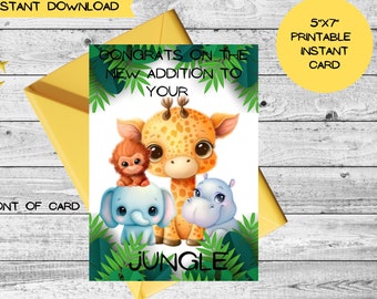 Baby shower afdrukbare instant kaart jungle thema giraffe aap olifant gefeliciteerd met baby downloadbaar