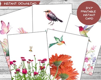 5 Pack van Floral Bird Bee Butterfly lege wenskaart Instant Downloadbare 5 "x 7"