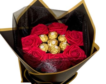 Buquê de rosas e chocolates, flores, Ferrero Rocher, aniversário, chá de bebê, ideias de presentes, Páscoa, Dia das Mães, Natal.