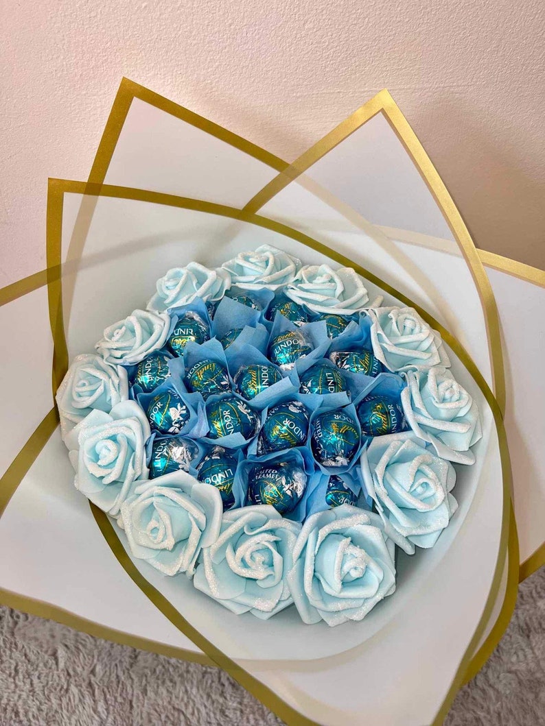 Ramo de chocolate con rosas brillantes, flores, Ferrero Rocher Lindt, cumpleaños, aniversario, Baby Shower, ideas de regalos imagen 5