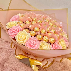 Ramo de chocolate con rosas brillantes, flores, Ferrero Rocher Lindt, cumpleaños, aniversario, Baby Shower, ideas de regalos imagen 2