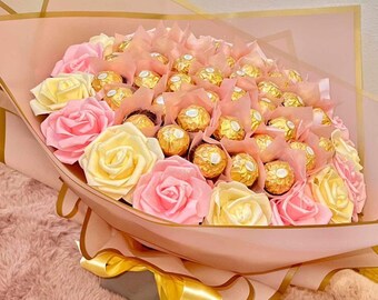 Ramo de chocolate con rosas brillantes, flores, Ferrero Rocher Lindt, cumpleaños, aniversario, Baby Shower, ideas de regalos
