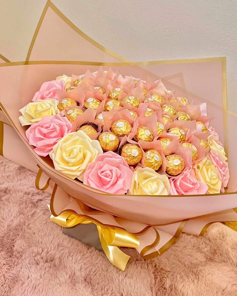 Ramo de chocolate con rosas brillantes, flores, Ferrero Rocher Lindt, cumpleaños, aniversario, Baby Shower, ideas de regalos imagen 2