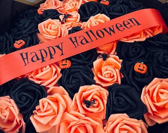 Happy Halloween Orange Black Rose Bouquet Decor Pumpkin Spider Autumn Flower Bouquet With Sash / Banner