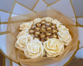 Rosa brillante Ramo de chocolate Flores Chocolate blanco Lindt Cumpleaños Aniversario Baby Shower Ideas de regalos Boda