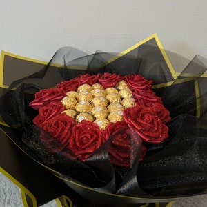 Ramo de chocolate con rosas brillantes, flores, Ferrero Rocher Lindt, cumpleaños, aniversario, Baby Shower, ideas de regalos imagen 9