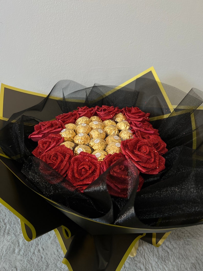 Ramo de chocolate con rosas brillantes, flores, Ferrero Rocher Lindt, cumpleaños, aniversario, Baby Shower, ideas de regalos imagen 9