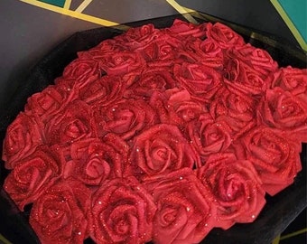 Ramo de rosas con purpurina, flores rojas o rosas, cumpleaños, aniversario, baby shower, ideas para regalos, ramos grandes