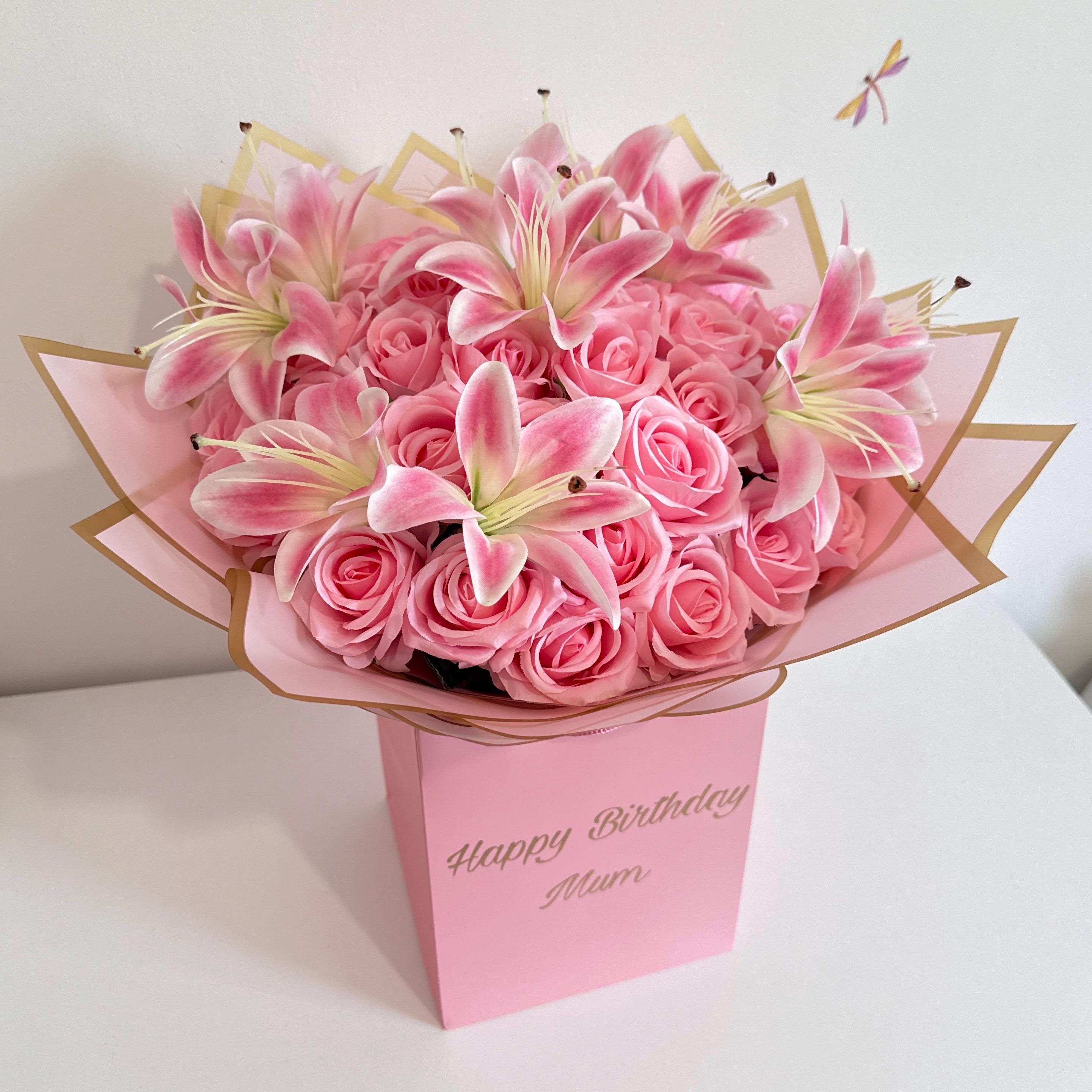 Personalised Pink Lily Rose Bouquet, Romantic Flower Arrangement, Luxury Pink Roses Gift, Anniversary Birthday Flowers, Mother's Day Bouquet