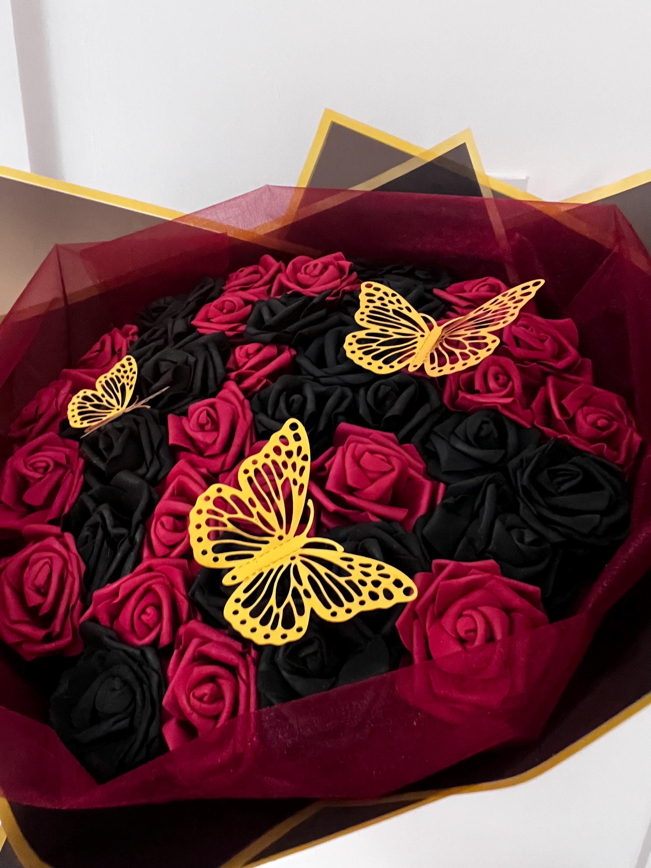 Red Black and Gold Eternal Rose Bouquet Flowers Black Roses Gift Ideas Valentines Birthday Butterfly