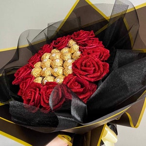 Ramo de chocolate con rosas brillantes, flores, Ferrero Rocher Lindt, cumpleaños, aniversario, Baby Shower, ideas de regalos imagen 1