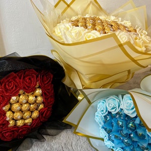 Ramo de chocolate con rosas brillantes, flores, Ferrero Rocher Lindt, cumpleaños, aniversario, Baby Shower, ideas de regalos imagen 8