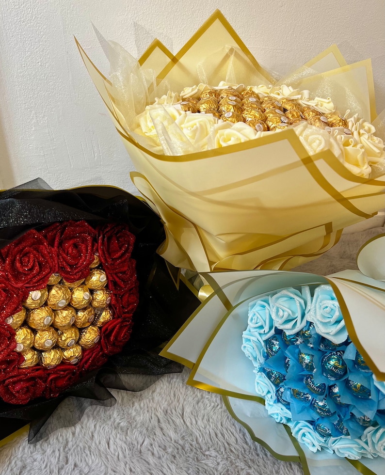 Ramo de chocolate con rosas brillantes, flores, Ferrero Rocher Lindt, cumpleaños, aniversario, Baby Shower, ideas de regalos imagen 8