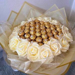 Ramo de chocolate con rosas brillantes, flores, Ferrero Rocher Lindt, cumpleaños, aniversario, Baby Shower, ideas de regalos imagen 3