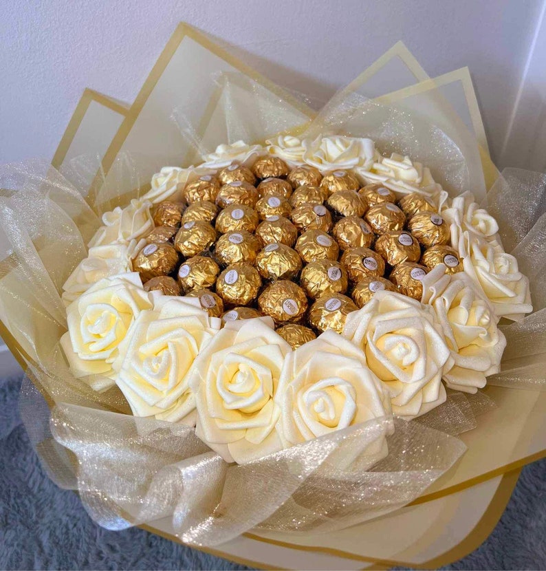 Ramo de chocolate con rosas brillantes, flores, Ferrero Rocher Lindt, cumpleaños, aniversario, Baby Shower, ideas de regalos imagen 3
