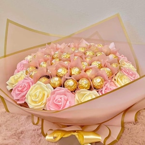 Ramo de chocolate con rosas brillantes, flores, Ferrero Rocher Lindt, cumpleaños, aniversario, Baby Shower, ideas de regalos imagen 6