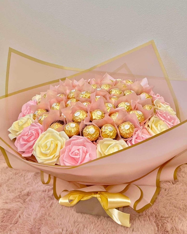 Ramo de chocolate con rosas brillantes, flores, Ferrero Rocher Lindt, cumpleaños, aniversario, Baby Shower, ideas de regalos imagen 6