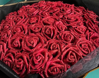 Ramo de rosas con purpurina, flores rojas o rosas, cumpleaños, aniversario, baby shower, ideas para regalos, ramos grandes