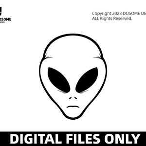 May include: Black and white line art illustration of an alien's face with large eyes and a serious expression.