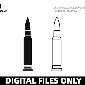May include: A black and white illustration of two bullets. The bullet on the left is filled in black, while the bullet on the right is outlined in black.