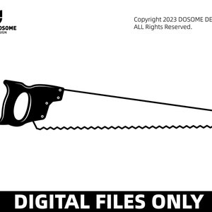 May include: Black and white illustration of a hand saw with a serrated blade. The saw has a black handle with a hole for hanging.