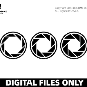 May include: Three black and white camera aperture icons. Each icon is a circle with a ring of eight blades inside.