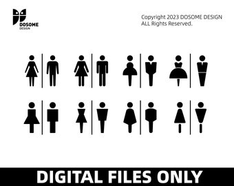May include: A set of 10 black and white restroom icons. The icons depict a man and woman in various poses, including standing, walking, and sitting. The icons are separated by vertical lines.