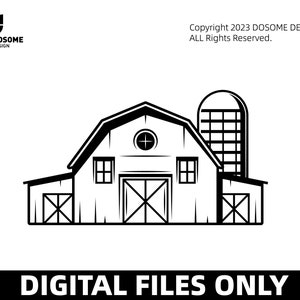 May include: Black and white illustration of a barn with a silo. The barn has a large door and two windows. The silo has a round top and a series of horizontal lines.