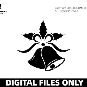 Puede incluir: Silueta en blanco y negro de dos campanas de Navidad con una rama de acebo y un lazo. Archivos digitales únicamente.