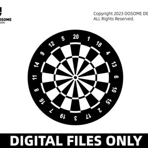 May include: Black and white dartboard with numbers 1 through 20 around the outer edge. The center of the dartboard is a bullseye.