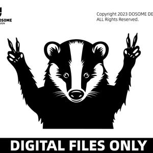May include: Black and white illustration of a badger with its paws raised in a peace sign gesture. The badger is looking directly at the viewer. The image is a digital file only.