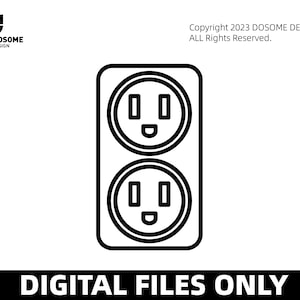 Puede incluir: Ilustración en blanco y negro de un enchufe doble. La imagen incluye el texto "DIGITAL FILES ONLY" en la parte inferior y el logotipo de DOSOME DESIGN en la esquina superior izquierda. Copyright 2023 DOSOME DESIGN ALL Rights Reserved.