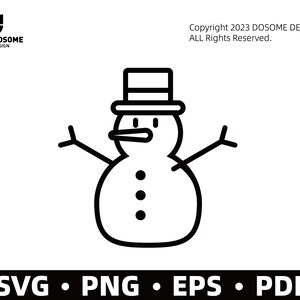 May include: A black and white line drawing of a snowman with a hat and two arms outstretched. The snowman has a carrot nose and three buttons.