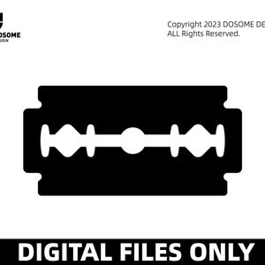 Könnte beinhalten: Schwarz-weiße Silhouette einer Rasierklinge. Die Klinge ist ein schlichtes Design mit einer abgerundeten Mitte und zwei spitzen Enden.