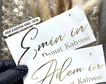 Damat Kahvesi Schriftzug personalisiert aus hochwertiger Vinylfolie + inkl. Transferfolie in versch. Farben erhältlich, Gold glänz,Gold matt