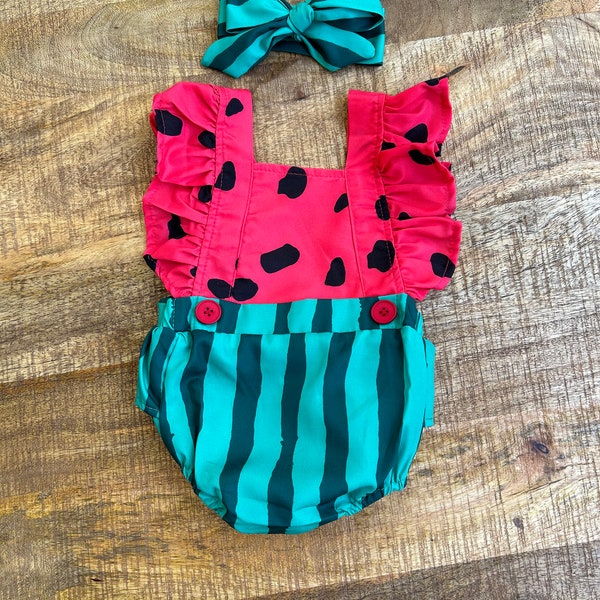 Baby watermelon romper with matching headband | Baby photo prop | Baby Christmas gift | Watermelon cute outfit for baby | Baby party outfit