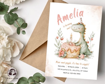 Girl Dinosaur Birthday Invitation, Instant Editable Watercolor Invite, Digital Canva Download, Girl Dino Template, Any Age Dino Birthday.