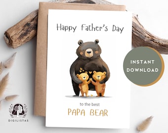 Druckbare Vatertagskarte, glücklicher Vatertag Papa Bär Grußkarte, digitaler Download, Print-at-Home Vatertagskarte, Sofort-PDF