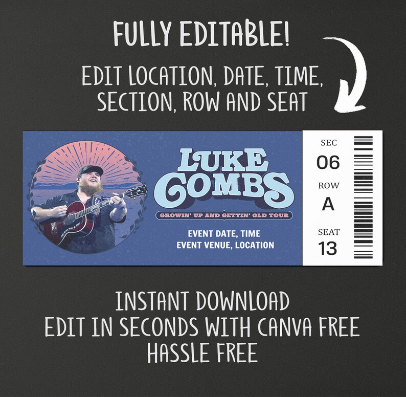 Luke Combs Tour 2025 Ticket, Growin' up and Gettin' Old Tour, Luke