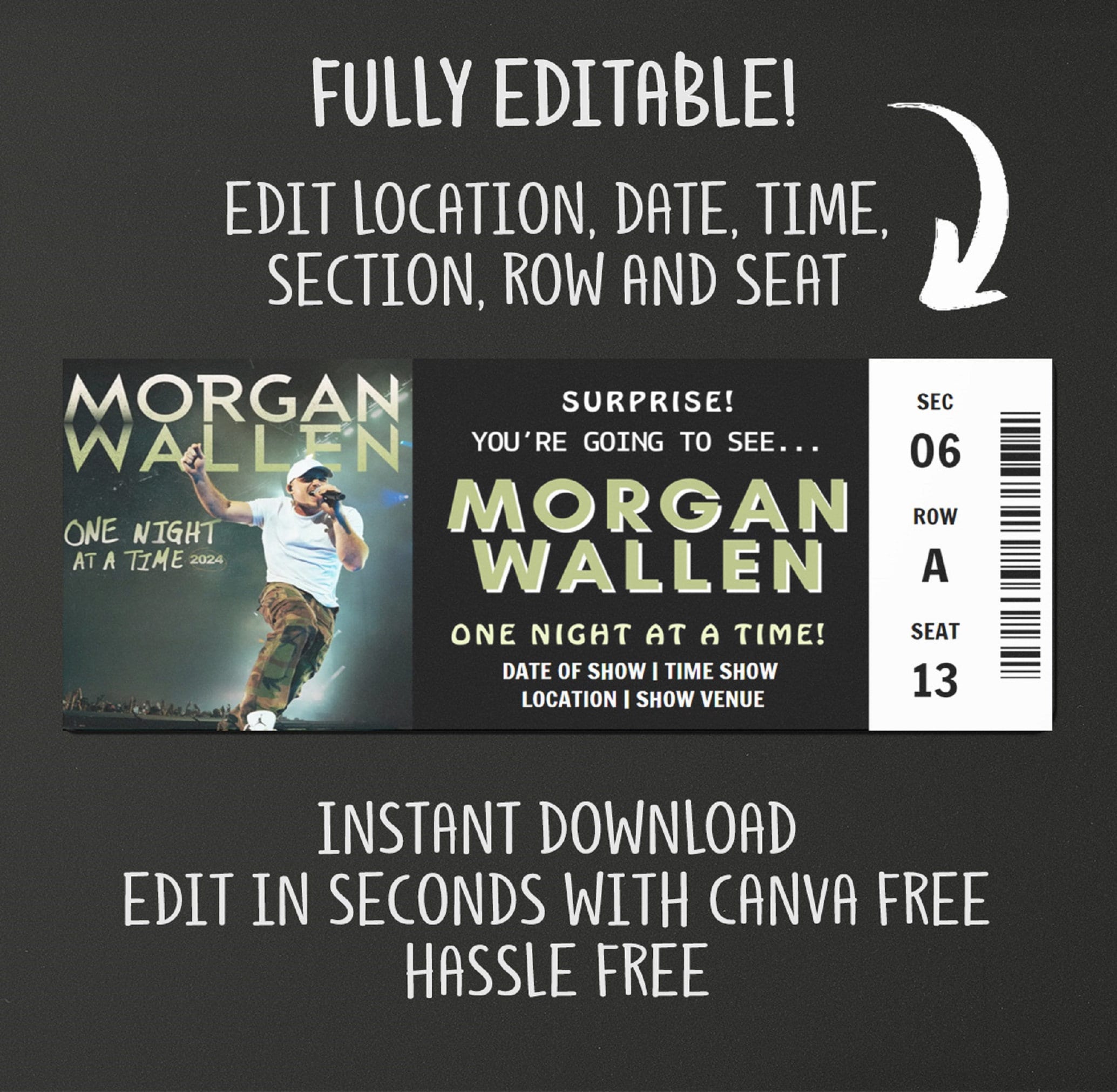 Wallen Ticket, One Night at a Time Tour Ticket, Editable