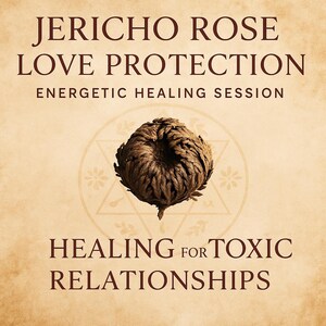 May include: A beige background with text that reads "Jericho Rose Love Protection Energetic Healing Session." A brown Jericho rose is centered over a star design. The text "Healing for Toxic Relationships" is at the bottom.
