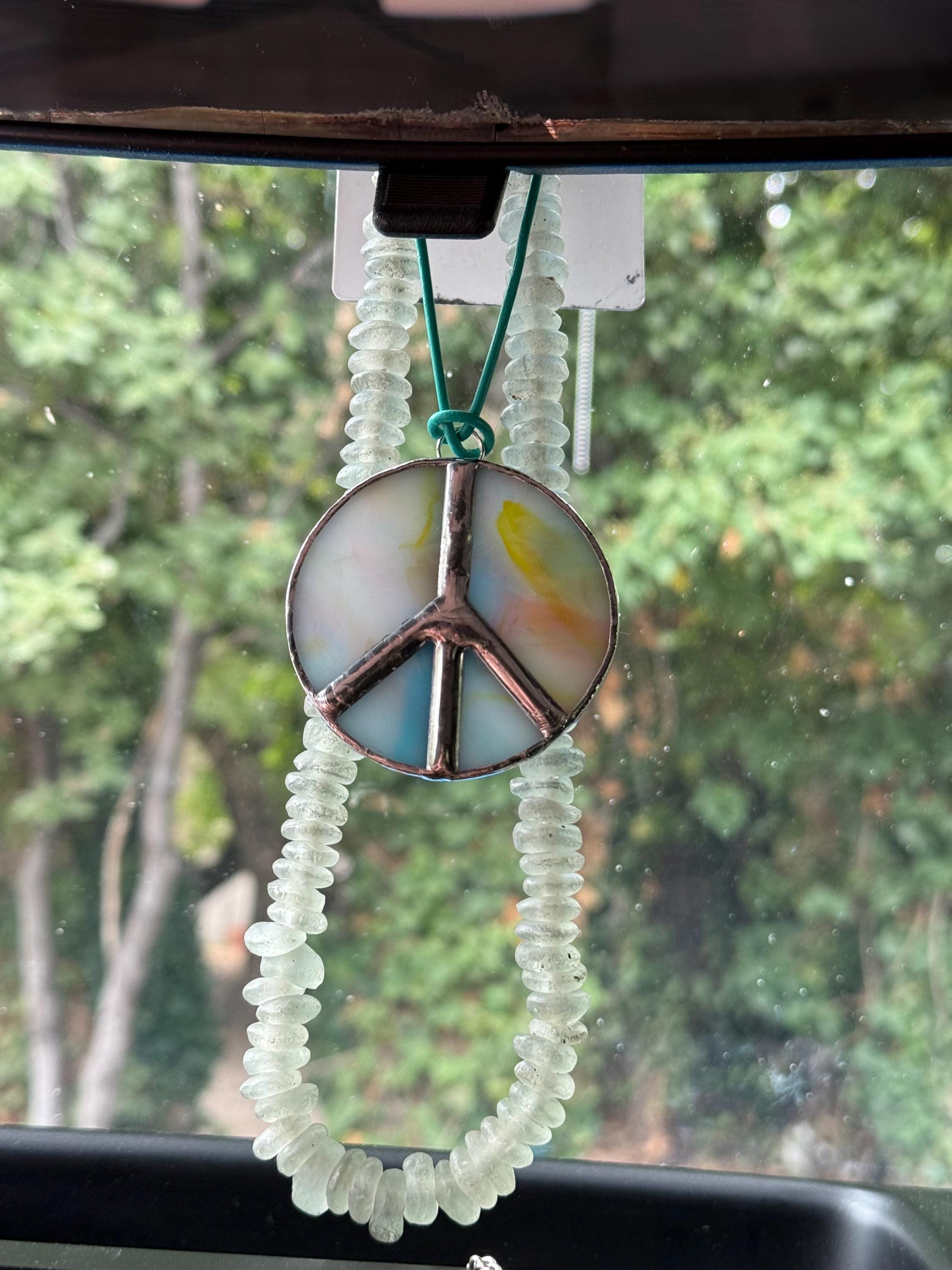Stained Glass Peace Sign Car Charm: Boho Rear View Mirror Decor