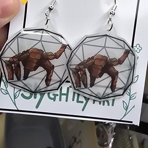 May include: A pair of dangle earrings on a white display card labeled HANDMADE. Each earring features a clear, geometric, multi-faceted sphere containing a brown, multi-legged creature illustration. The earrings have silver-toned metal hooks.
