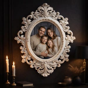 May include: An oval wall mirror featuring an ornate, cream-colored frame with intricate carved scrollwork and floral motifs. The mirror reflects a family of four, including two adults and two children, all wearing matching beige knit sweaters.