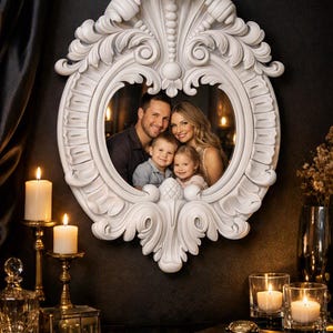 May include: A white, ornate, oval-shaped picture frame with intricate scrollwork and carved detailing. The frame contains a photograph of a family of four, including two adults and two children, smiling together in a warm, indoor setting.