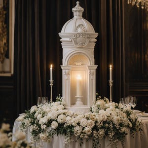 May include: A white architectural candle holder featuring a domed top and a central alcove housing a single pillar candle. The structure is surrounded by a dense arrangement of white roses and greenery on a round table draped in a white cloth.